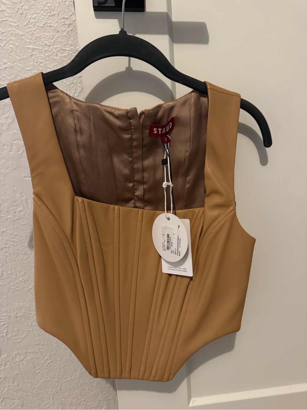 STAUD Camel Leather Corset Top